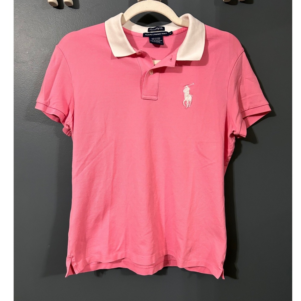 Ralph Lauren Golf Pink Polo Shirt Big Pony White Collar Large Tailored Fit